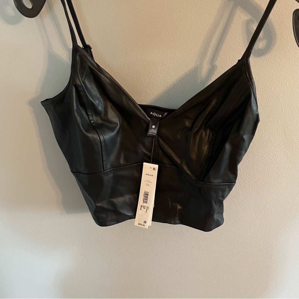 Aqua black faux leather cropped tank